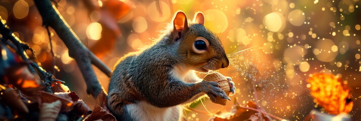 A close-up of a squirrel wielding an acorn wand, nestled in a tree with leaves that shimmer like fairy dust.