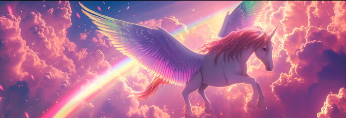 Pegasus with wings that display a vibrant rainbow, soaring through a sky painted with pastel clouds.