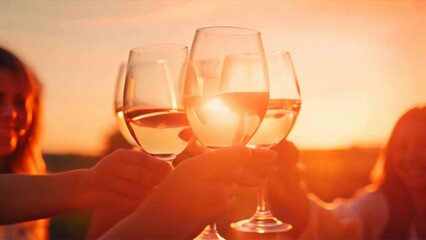 Wine and Champagne Glasses on Table,girls are clinking with glasses of champagne