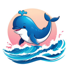 whale kawaii on wave logo Clipart vector art for t-shirt