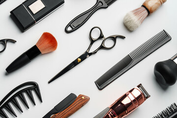 Pattern of various shaving and bauty care accessories for men on gray background