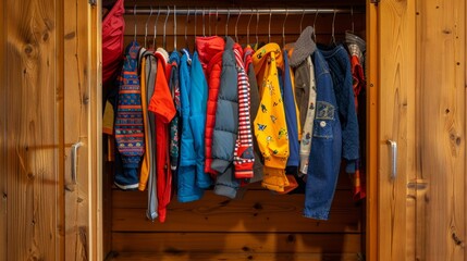 Interior view of a wooden cabinet, showcasing a variety of kids' clothes on hangers