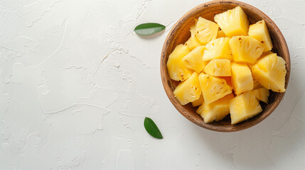 Pineapple chunks in a bowl on a white table aerial view space on the left