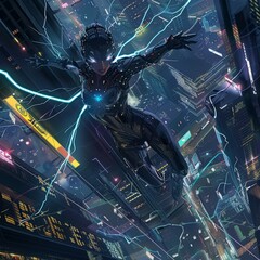 A woman in a futuristic outfit is flying through a cityscape with neon lights