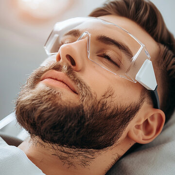 Handsome bearded man having laser hair removal procedure 