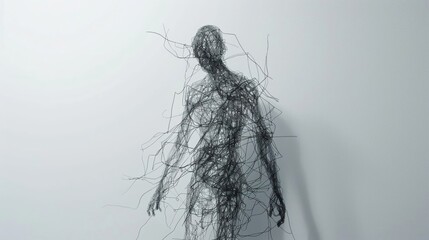 A minimalistic and abstract representation of a human figure created from a network of tangled lines showcased on a stark white background