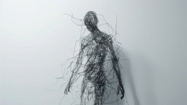 A minimalistic and abstract representation of a human figure created from a network of tangled lines showcased on a stark white background