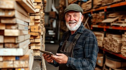 Cheerful senior man with a beard smiling in a lumber warehouse.