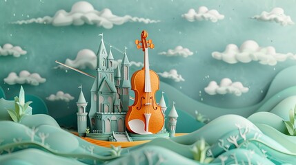 A whimsical paper art piece merging musical and fantasy elements featuring a violin with a beautifully crafted castle in a surreal artistic landscape - obrazy, fototapety, plakaty