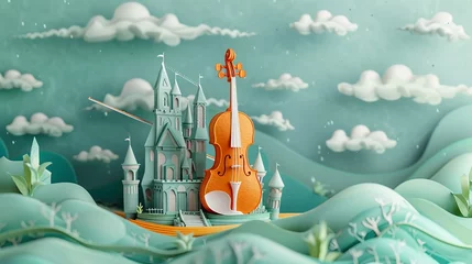 Fotobehang A whimsical paper art piece merging musical and fantasy elements featuring a violin with a beautifully crafted castle in a surreal artistic landscape © Jenjira