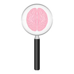 Human Brain with Magnifying Glass. Brain Analysis. Mental Health and Brain Diseases Concept. Vector Illustration. 