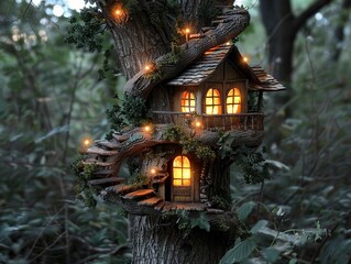 An elf's tree house with twinkling lights in a magical forest