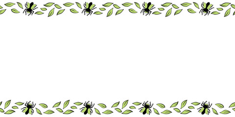 Vector border, frame from of flies, leaves in doodle flat style. Horizontal top and bottom edging, decoration of theme of insects, animals