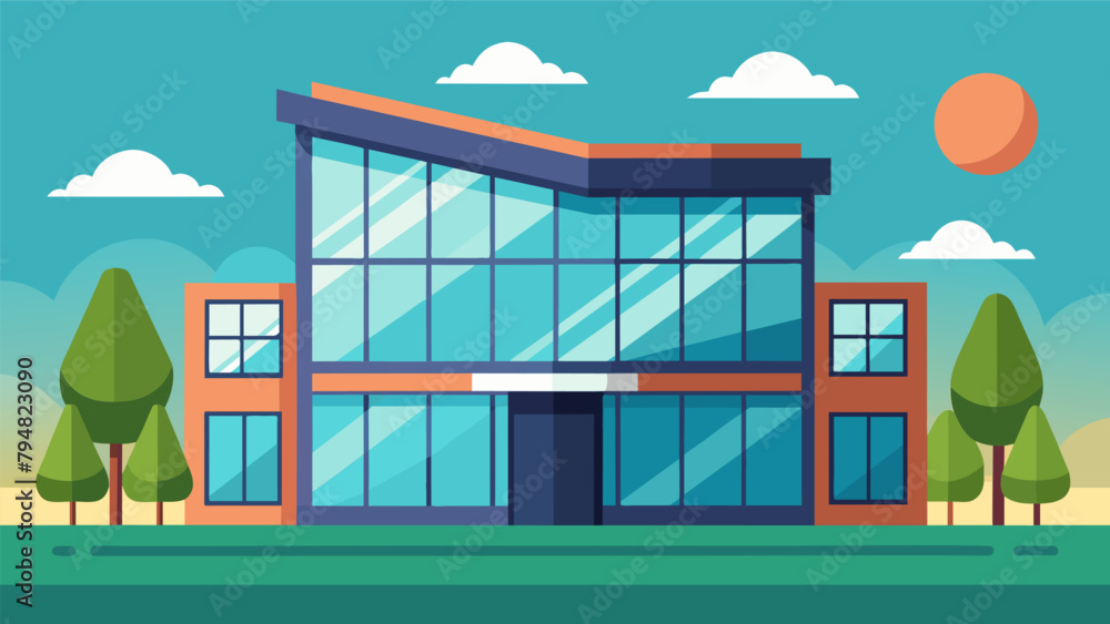 Poster an office building featuring large windows with lowe coatings to maximize natural light while minimi