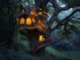 An elf's tree house with twinkling lights in a  forest