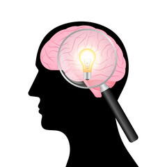 Magnifying Glass with Lightbulb in Human Head. Brainstorm, Creativity and Thinking Idea Concept. Vector Illustration. 