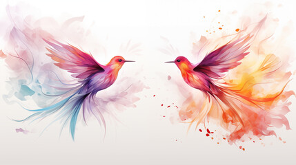 watercolor illustration of mythical birds in bohemian style on white background. - 794823227