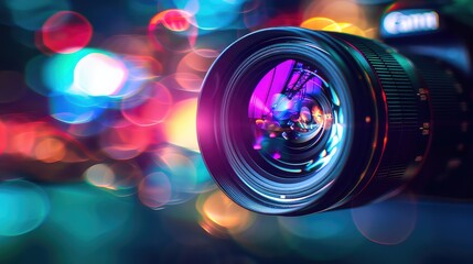 An artistic representation of a camera lens with light flares and bokeh effects.