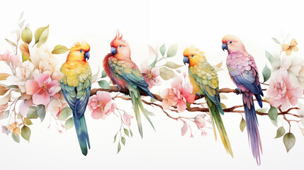 watercolor illustration of mythical Parrots and Cockatoo birds in bohemian style on white background.