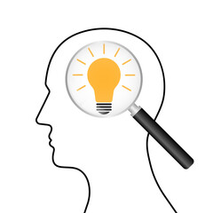 Magnifying Glass with Lightbulb in Human Head. Brainstorm, Creativity and Thinking Idea Concept. Vector Illustration. 