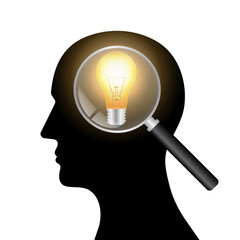 Magnifying Glass with Lightbulb in Human Head. Brainstorm, Creativity and Thinking Idea Concept. Vector Illustration. 