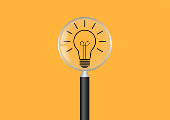 Magnifying Glass with Lightbulb.  Brainstorm, Creativity and Thinking Idea Concept. Vector Illustration. 