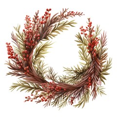 Watercolor Christmas wreath with rowan berries. Hand painted illustration.