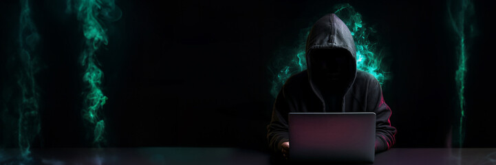Representation of a hacker in action formatted in a 3x1 aspect ratio. The image should show a figure seated at a computer desk in the dark with strange green smoke. space for content on left.