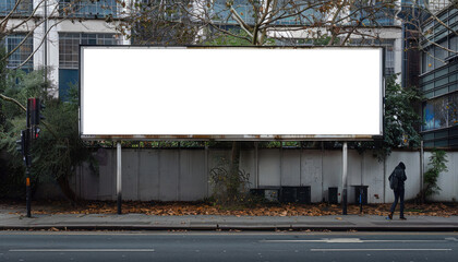 Obraz premium A large white billboard sits on a wet sidewalk in a city by AI generated image