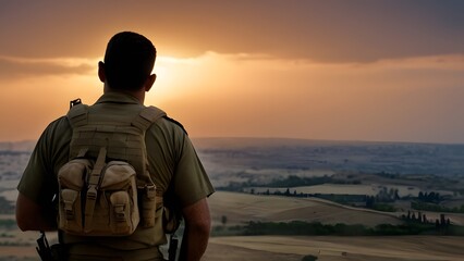 Soldier guarding the horizon at sunset