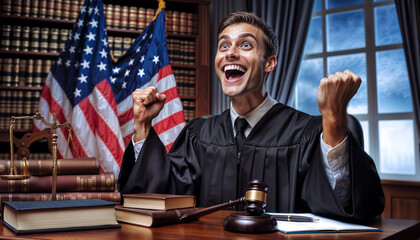  joyful judge in a courtroom, feeling satisfied after delivering a just verdict - 794824448