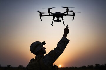 Soldier launching a drone at sunset