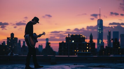 A guitarist performing on a rooftop, with the city skyline in the background.