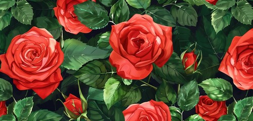 Watercolor red Roses with fresh green leaves, seamless background 