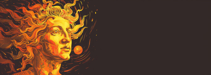 Helios Helius ancient Greek religion and mythology banner with Copy space. The god who personifies the Sun. He is often given the epithets Hyperion the one above and Phaethon the shining. - obrazy, fototapety, plakaty
