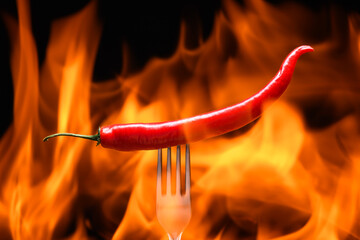 red chili pepper, pricked on a fork, on a background of burning fire, flames on a black background