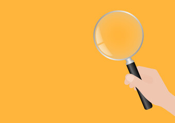 Hand holding Magnifying Glass. Vector Illustration Yellow Background.