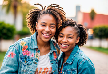 Urban hug, couple of African American women proud to be girlfriends
