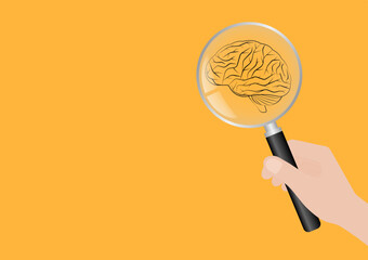 Magnifying Glass with Brain.  Brainstorm, Creativity and Thinking Idea Concept. Vector Illustration. 