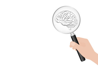 Hand Holding Magnifying Glass with Brain. Brainstorm, Creativity and Thinking Idea Concept. Vector Illustration. 