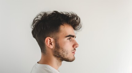 Fototapeta premium Portrait of a young man with a stylish modern side part haircut against a white background.