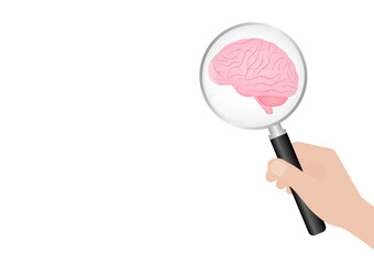 Hand Holding Magnifying Glass with Brain. Brainstorm, Creativity and Thinking Idea Concept. Vector Illustration. 