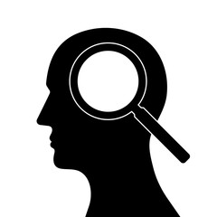 Magnifying Glass with Human Head. Brainstorm, Creativity and Thinking Idea Concept. Vector Illustration. 