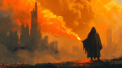 A figure in a cloak breathes fire into the sky, shaping an apocalyptic vision over a dystopian cityscape, Digital art style, illustration painting.
