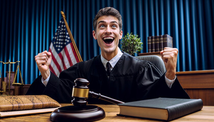  joyful judge in a courtroom, feeling satisfied after delivering a just verdict - 794826286