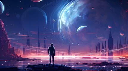 An explorer stands before a stunning planetary alignment, witnessing the awe-inspiring beauty of an alien world's horizon filled with celestial bodies, Digital art style, illustration painting. - obrazy, fototapety, plakaty