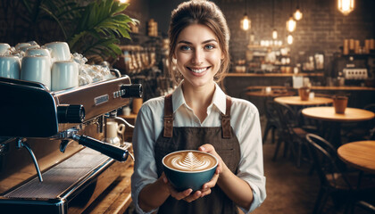  joyful young woman barista, with smile that reflects the welcoming nature - 794826454