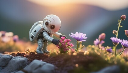 micro world and a tiny friendly creature planting flowers, alien world, photorealistic, detailed, very tiny, shallow depth of field, fantasy