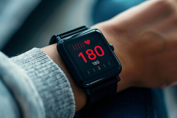Close up of fitness smart watch showing pulse of 180 on person's wrist