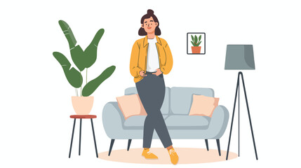 Smiling woman with jacket in living room Hand drawn s